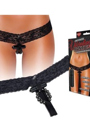 Hustler Vibrating Panties w/Hidden Vibe Pocket, Bullet & Stimulation Beads Black S/M