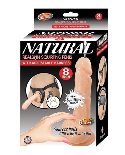 Natural Realskin Squirting Penis w/Adjustable Harness 8" - Flesh