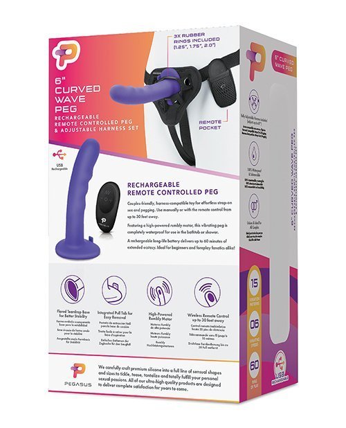 Pegasus 6" Rechargeable Curved Wave Peg w/Adjustable Harness & Remote - Purple - Image 2