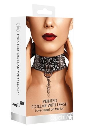 Shots Ouch Love Street Art Fashion Printed Collar w/Leash - Black