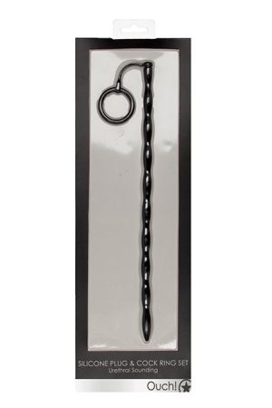 Shots Ouch Urethral Sounding Silicone Plug & Cock Ring Set - Black