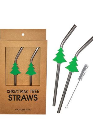 Holiday Tree Reusable Stainless Steel (Dishwasher Safe) Straws - Pack of 2