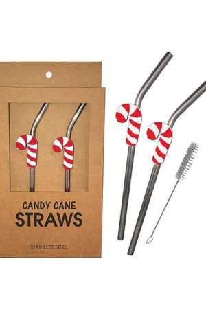 Holiday Candy Cane Reusable Stainless Steel (Dishwasher Safe) Straws - Pack of 2