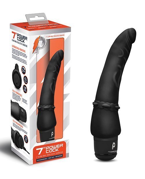 Powercocks 7" Slim Anal Realistic Vibrator - Black