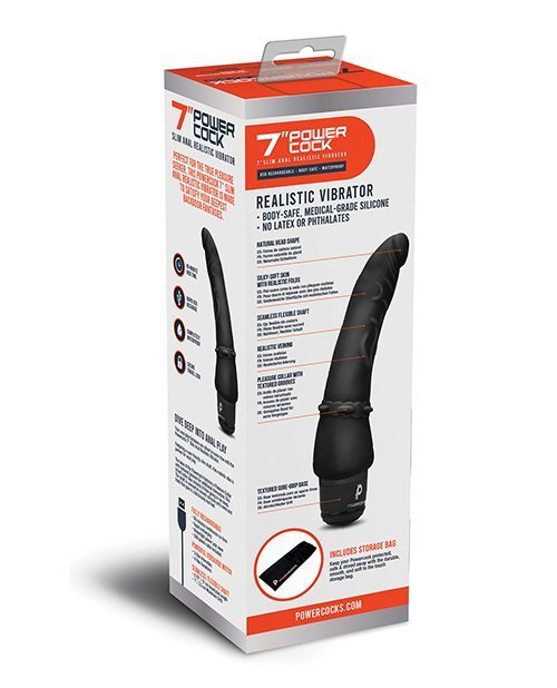 Powercocks 7" Slim Anal Realistic Vibrator - Black - Image 2
