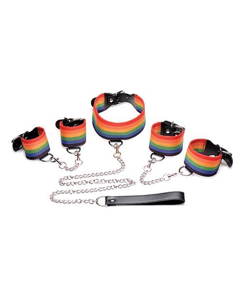 Master Series Kinky Pride Rainbow Bondage Set - Wrist & Ankle Cuffs & Collar w/Leash - Image 3