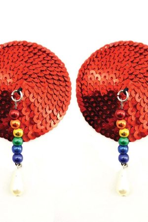 Bijoux de Nip Round Red Sequin Pasties w/ Rainbow Beads