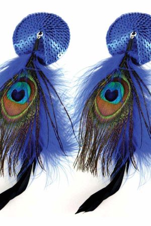 Bijoux de Nip Round Blue Sequin Pasties w/ Feathers