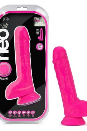 NEO ELITE 9IN DUAL DENSITY COCK W/ BALLS NEON PINK