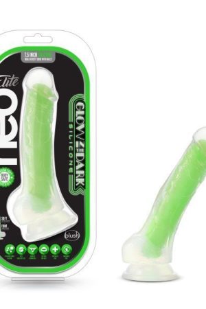 NEO ELITE GLOW IN THE DARK 7.5 IN SILICONE DUAL DENSITY COCK W/ BALLS NEON GREEN