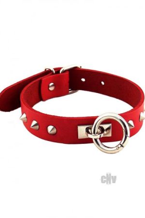 Rouge Leather O Ring Studded Collar Red
