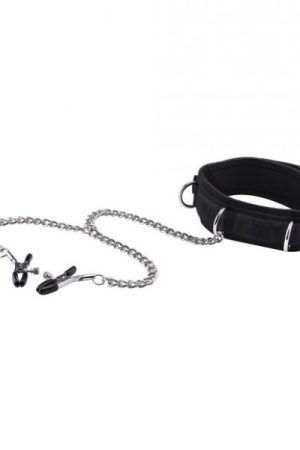 Ouch Velcro Collar with Nipple Clamps Black