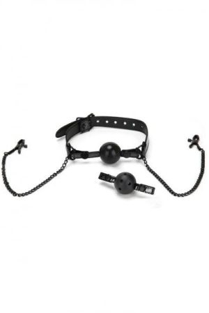 Ws - Diamond Ball Gag W Nipple Clips -bk