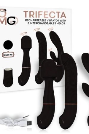 TRIFECTA RECHARGEABLE VIBRATOR W/ 3 INTERCHANGEABLE HEADS BLACK
