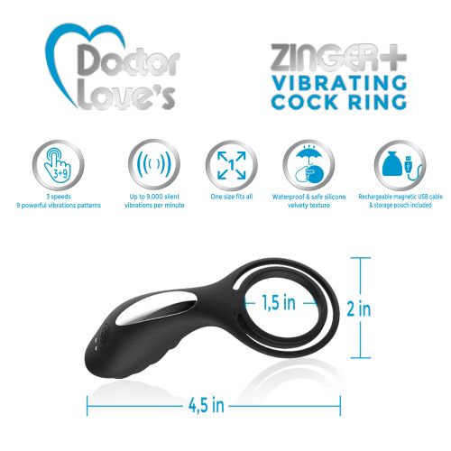DOCTOR LOVE ZINGER+ VIBRATING RECHARGEABLE COCK RING BLACK - Image 2