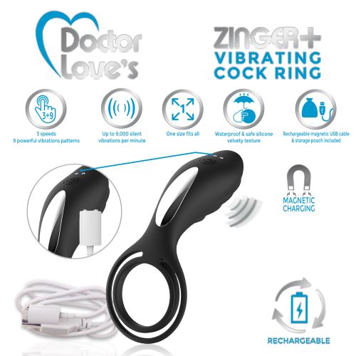DOCTOR LOVE ZINGER+ VIBRATING RECHARGEABLE COCK RING BLACK - Image 3