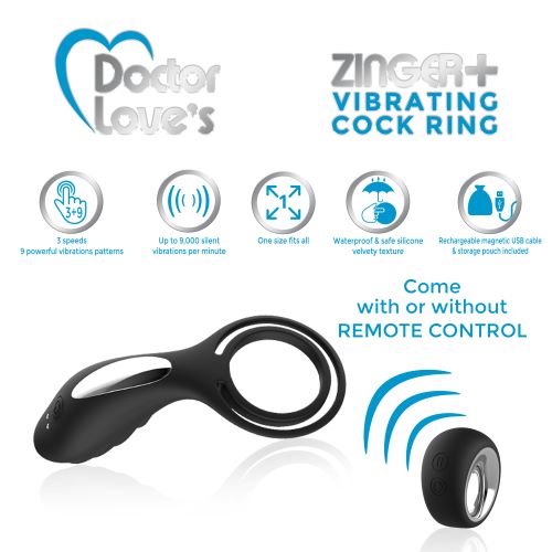 DOCTOR LOVE ZINGER+ VIBRATING RECHARGEABLE COCK RING W/ REMOTE BLACK - Image 3