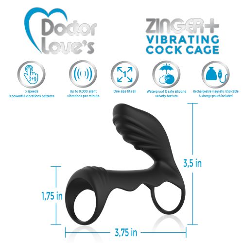 DOCTOR LOVE ZINGER+ VIBRATING RECHARGEABLE COCK CAGE BLACK - Image 2