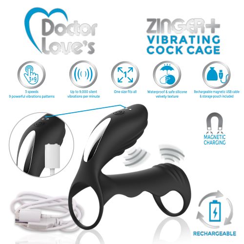 DOCTOR LOVE ZINGER+ VIBRATING RECHARGEABLE COCK CAGE BLACK - Image 3