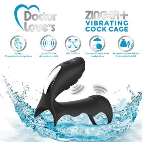 DOCTOR LOVE ZINGER+ VIBRATING RECHARGEABLE COCK CAGE BLACK - Image 4