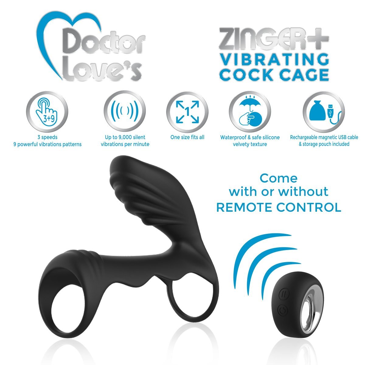 DOCTOR LOVE ZINGER+ VIBRATING RECHARGEABLE COCK CAGE W/ REMOTE BLACK - Image 4