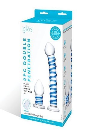 GLAS 2PC DOUPLE PENETRATION GLASS SWIRLY DILDO & BUTT PLUG SET