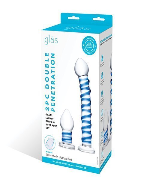 GLAS 2PC DOUPLE PENETRATION GLASS SWIRLY DILDO & BUTT PLUG SET