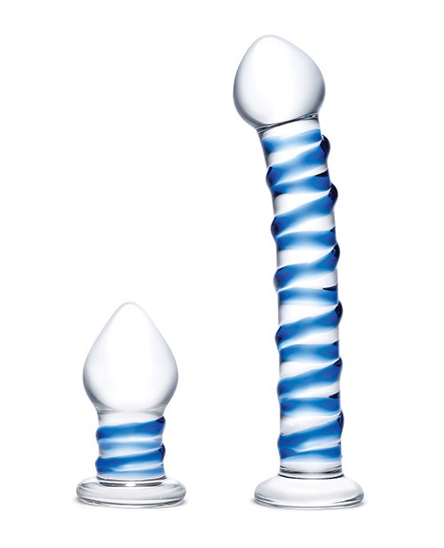 GLAS 2PC DOUPLE PENETRATION GLASS SWIRLY DILDO & BUTT PLUG SET - Image 2