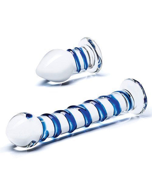 GLAS 2PC DOUPLE PENETRATION GLASS SWIRLY DILDO & BUTT PLUG SET - Image 3