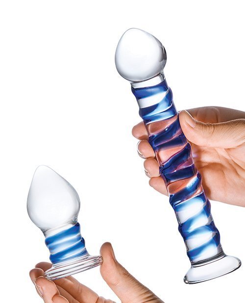 GLAS 2PC DOUPLE PENETRATION GLASS SWIRLY DILDO & BUTT PLUG SET - Image 4