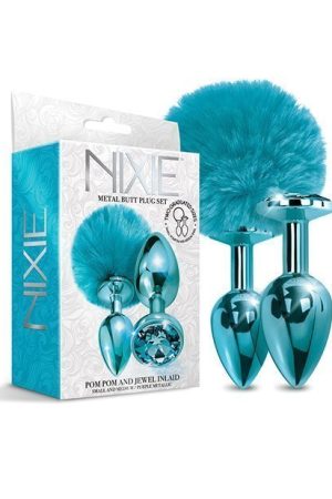NIXIE METAL BUTT PLUG SET POM POM & JEWEL BLUE METALLIC