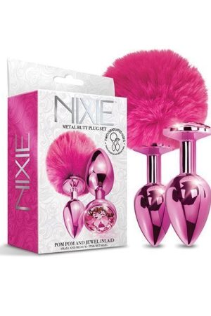 NIXIE METAL BUTT PLUG SET POM POM & JEWEL PINK METALLIC
