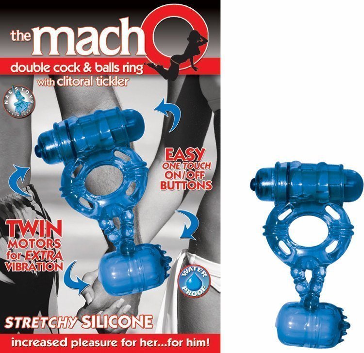MACHO DOUBLE COCK & BALLS BLUE RING W/CLITORAL TICKLER