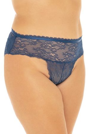 Helena Stretch Lace Open Back Crotchless Panty Estate Blue 1x/2x