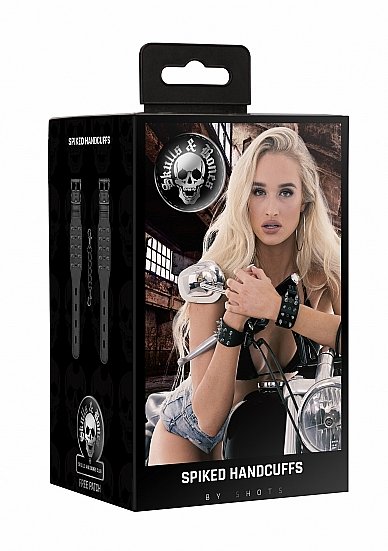 OUCH! SKULLS & BONES HANDCUFFS W/ SPIKES BLACK - Image 3