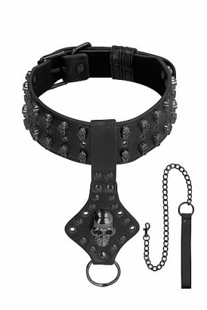OUCH! SKULLS & BONES NECK CHAIN W/ SKULLS AND LEASH BLACK