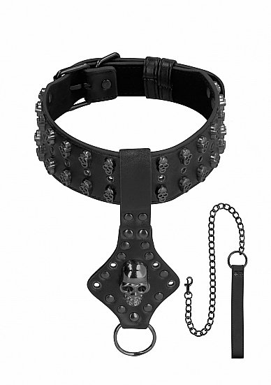 OUCH! SKULLS & BONES NECK CHAIN W/ SKULLS AND LEASH BLACK