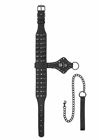 OUCH! SKULLS & BONES NECK CHAIN W/ SKULLS AND LEASH BLACK - Image 2