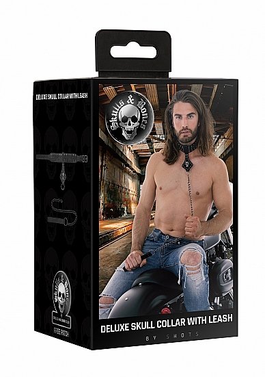 OUCH! SKULLS & BONES NECK CHAIN W/ SKULLS AND LEASH BLACK - Image 3