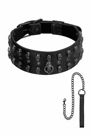 OUCH! SKULLS & BONES NECK CHAIN W/ SKULLS AND LEASH BLACK