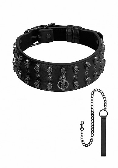 OUCH! SKULLS & BONES NECK CHAIN W/ SKULLS AND LEASH BLACK