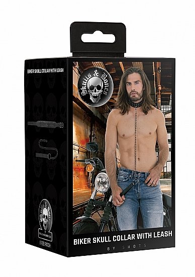 OUCH! SKULLS & BONES NECK CHAIN W/ SKULLS AND LEASH BLACK - Image 4