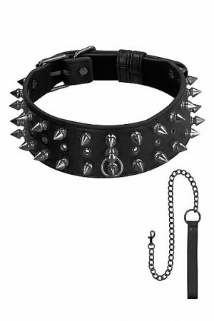 OUCH! SKULLS & BONES NECK CHAIN W/ SPIKES & LEASH BLACK