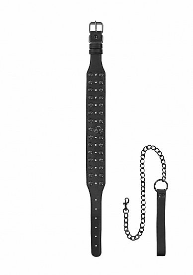 OUCH! SKULLS & BONES NECK CHAIN W/ SPIKES & LEASH BLACK - Image 2