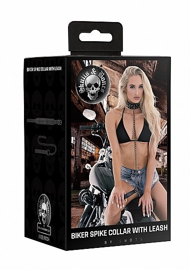 OUCH! SKULLS & BONES NECK CHAIN W/ SPIKES & LEASH BLACK - Image 3