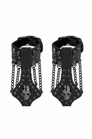 OUCH! SKULLS & BONES HANDCUFFS W/ SKULLS & CHAINS BLACK