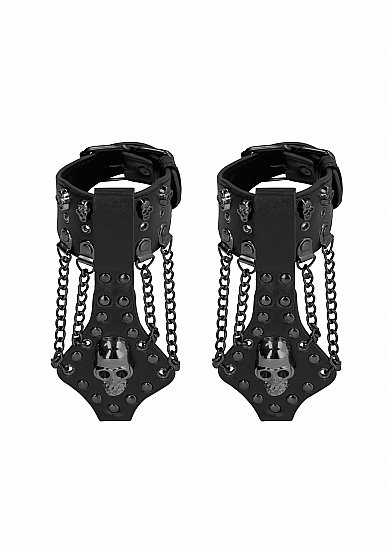 OUCH! SKULLS & BONES HANDCUFFS W/ SKULLS & CHAINS BLACK