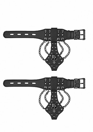 OUCH! SKULLS & BONES HANDCUFFS W/ SKULLS & CHAINS BLACK - Image 2