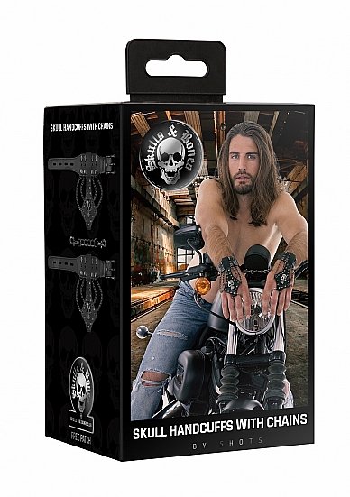 OUCH! SKULLS & BONES HANDCUFFS W/ SKULLS & CHAINS BLACK - Image 4