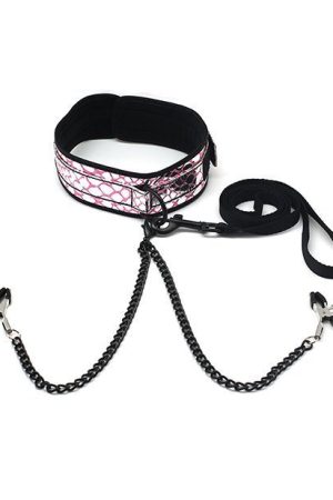 Collar W/ Nipple Clamps- Faux Leather Pink